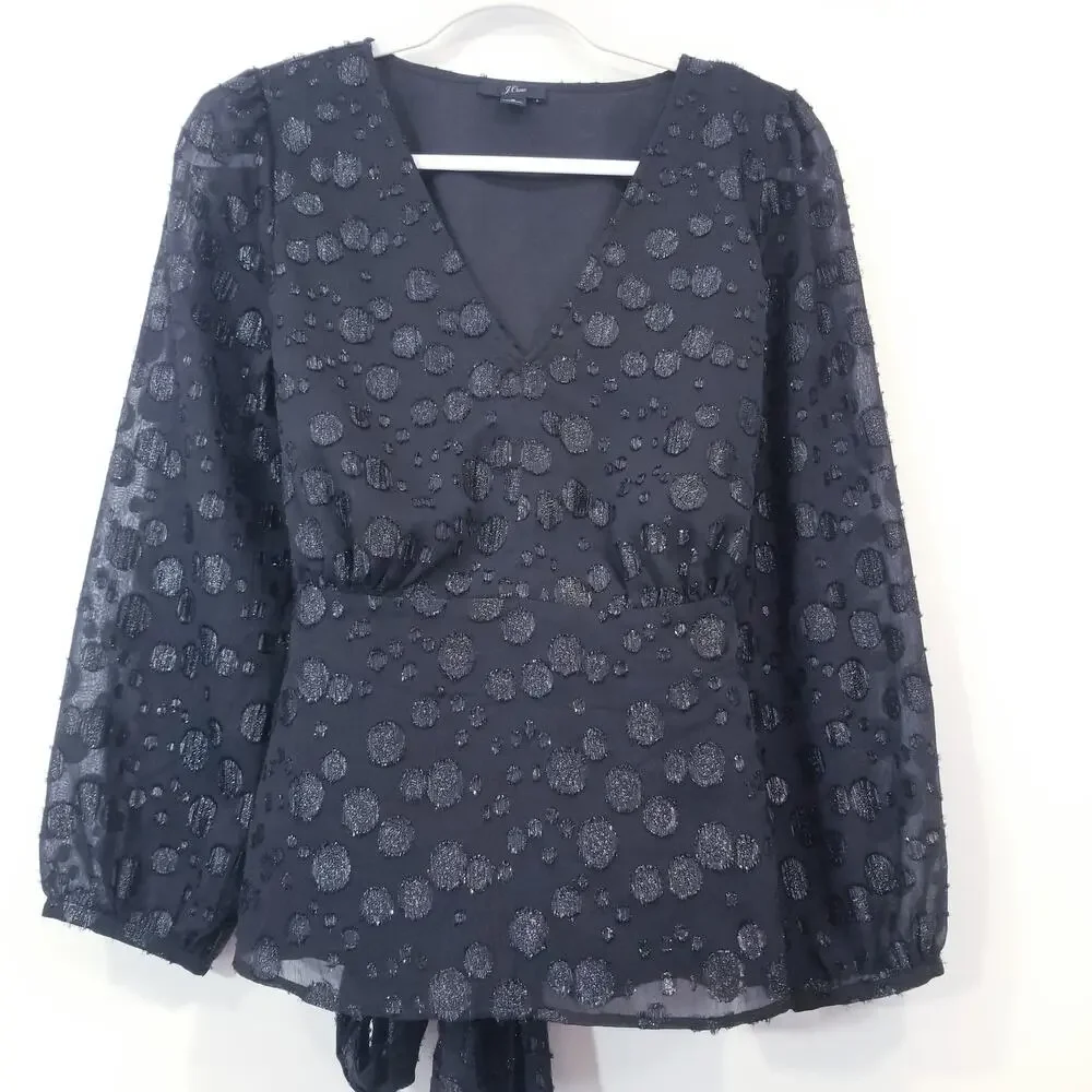 J. Crew Black Polka Metallic Dot Jacquard Blouse V-Neckline Tie Waist